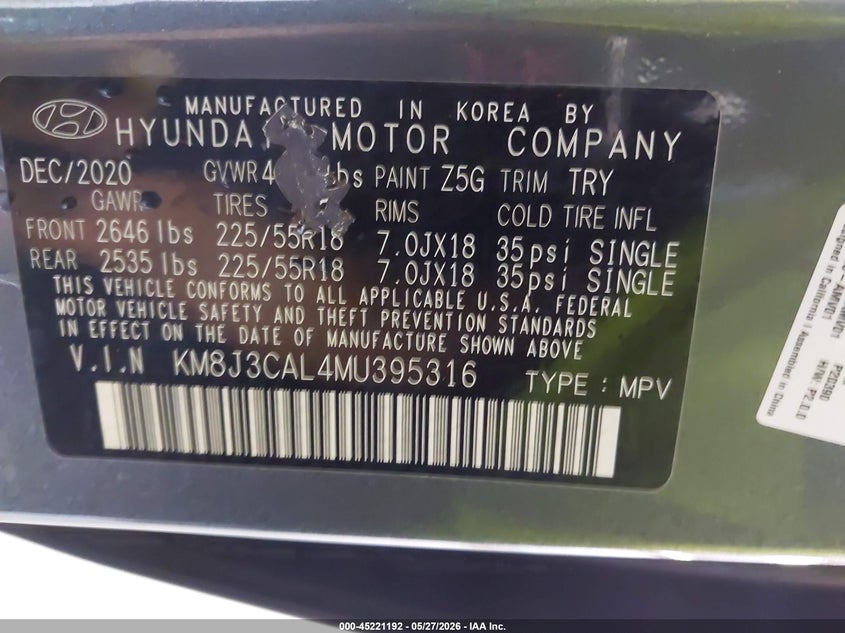 2021 Hyundai Tucson VIN KM8J3CAL4MU395316 IAAI salvage auction — FRONT END, Salvage Title, sold $4,250 on 2026-07-21 (photo 9)