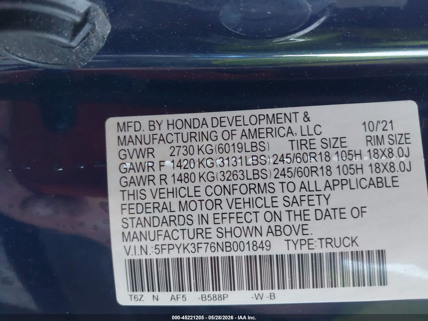 2022 Honda Ridgeline VIN 5FPYK3F76NB001849 IAAI salvage auction — FRONT END, Salvage Title, sold $4,450 on 2026-07-29 (photo 9)