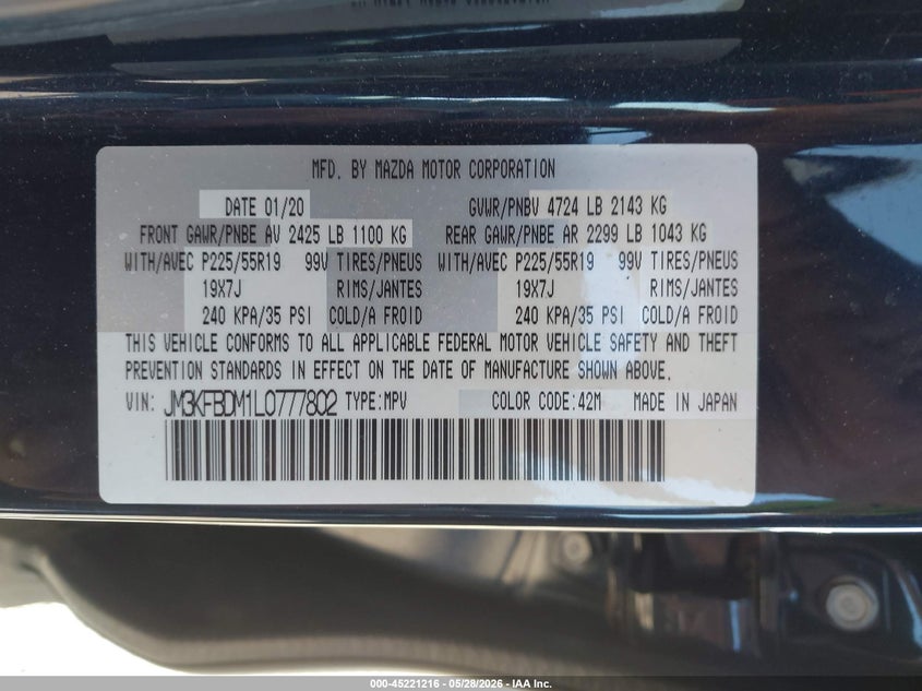 2020 Mazda Cx-5 VIN JM3KFBDM1L0777802 IAAI salvage auction — LEFT FRONT, Salvage (Wisconsin), sold $5,525 on 2026-07-28 (photo 9)