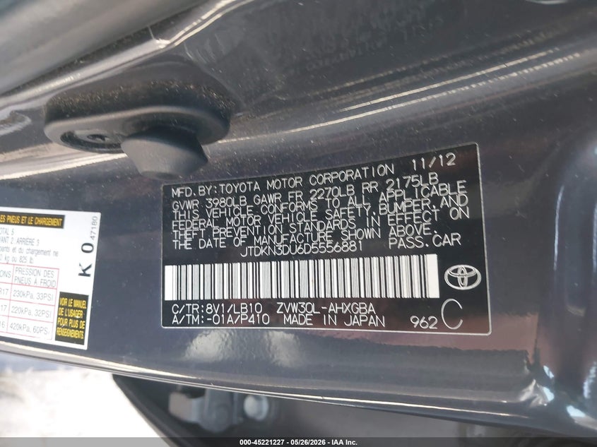2013 Toyota Prius VIN JTDKN3DU6D5556881 IAAI salvage auction — UNDERCARRIAGE, Salvage Title, sold $3,250 on 2026-07-15 (photo 9)