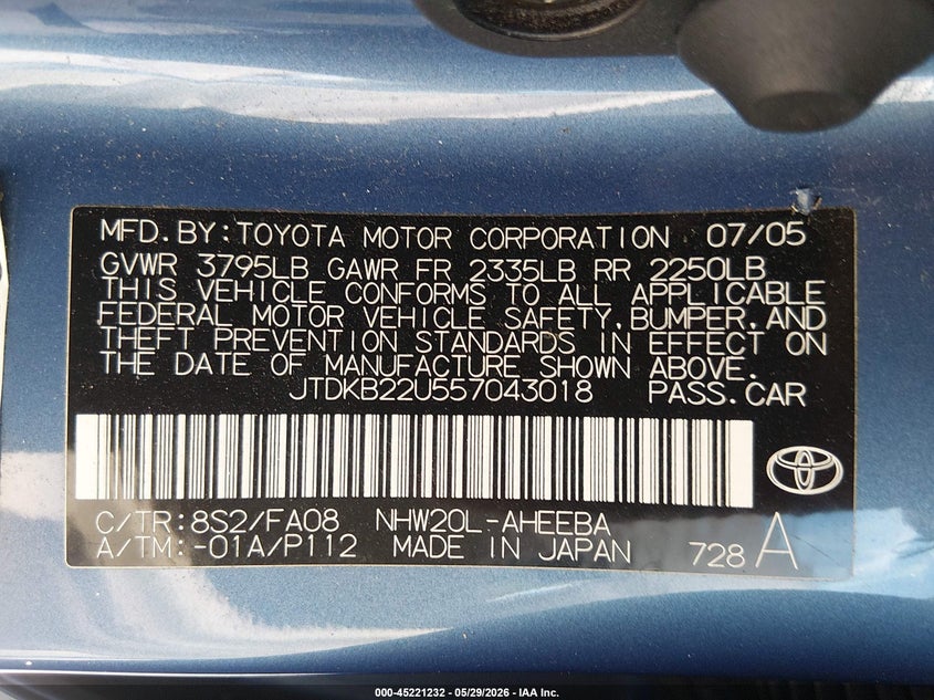 2005 Toyota Prius VIN JTDKB22U557043018 IAAI salvage auction — FRONT & REAR, Salvage (Texas), sold $225 on 2026-07-07 (photo 9)