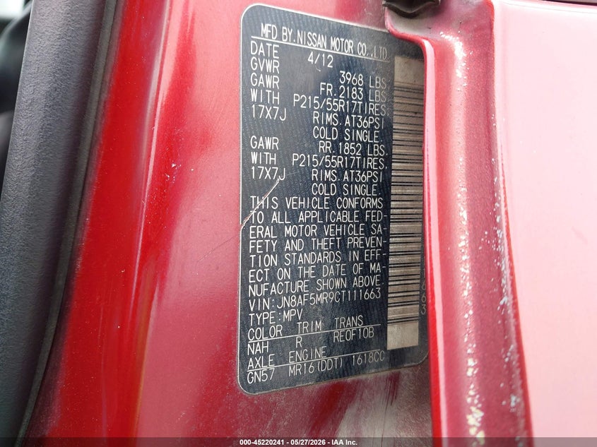 2012 Nissan Juke VIN JN8AF5MR9CT111663 IAAI salvage auction — RIGHT REAR, Salvage Title, sold $550 on 2026-07-21 (photo 9)