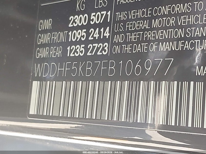 2015 Mercedes-benz E-klasse VIN WDDHF5KB7FB106977 IAAI salvage auction — HAIL, Original (Texas), sold $4,300 on 2026-07-17 (photo 9)