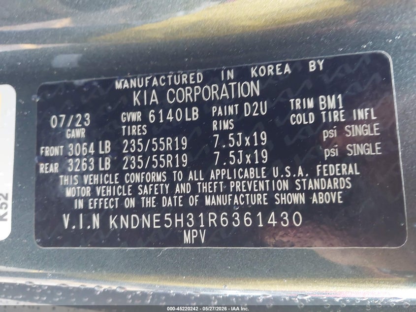 2024 Kia Carnival VIN KNDNE5H31R6361430 IAAI salvage auction — FRONT & REAR, Original (Texas), sold $10,275 on 2026-07-15 (photo 9)