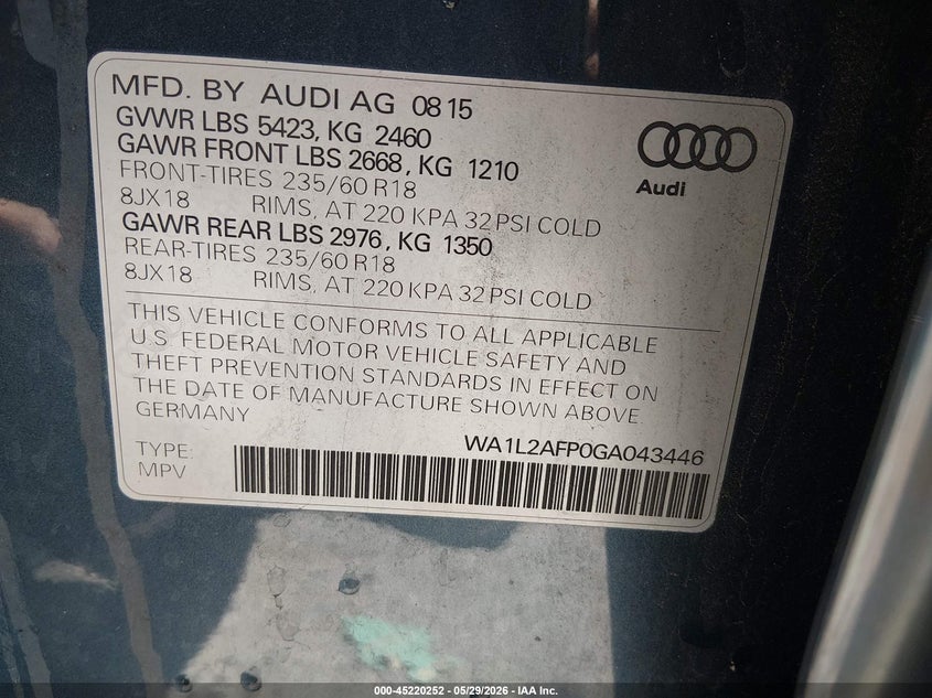 2016 Audi Q5 VIN WA1L2AFP0GA043446 IAAI salvage auction — Burn Engine, Salvage Title, sold $2,900 on 2026-07-16 (photo 9)