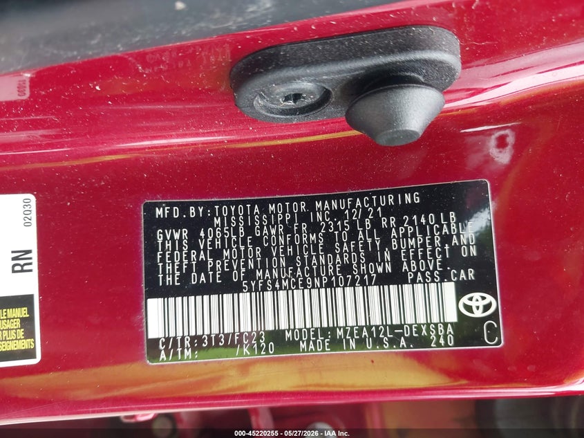 2022 Toyota Corolla VIN 5YFS4MCE9NP107217 IAAI salvage auction — FRONT & REAR, Salvage Title, sold $1,300 on 2026-07-23 (photo 9)