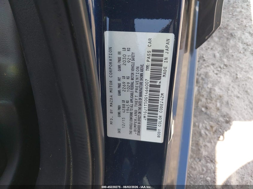 2016 Mazda 6 VIN JM1GJ1T50G1466007 IAAI salvage auction — HAIL, Salvage Title, sold $2,700 on 2026-07-22 (photo 9)