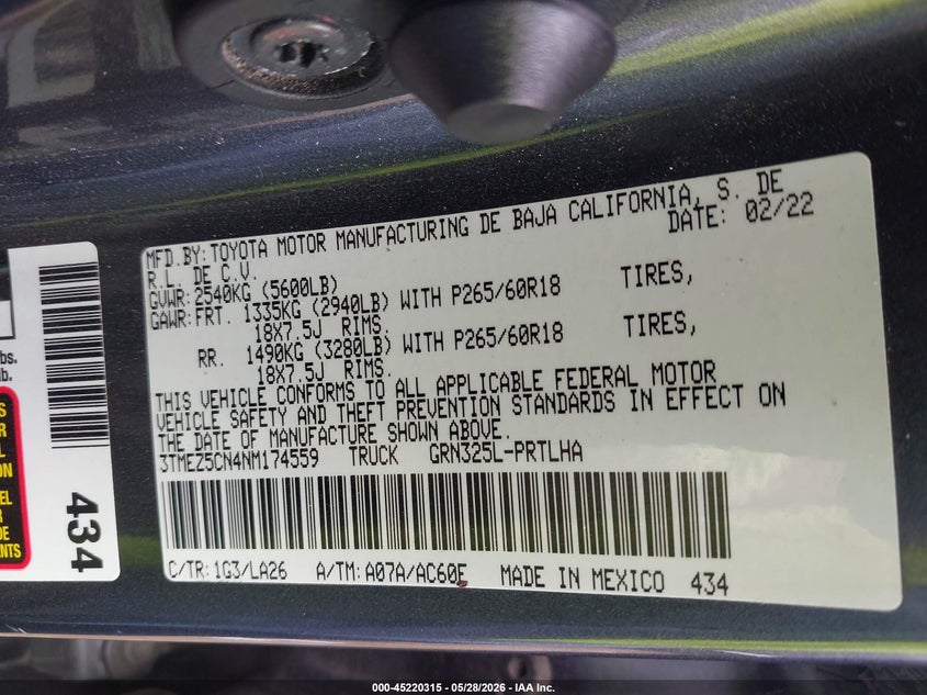 2022 Toyota Tacoma VIN 3TMEZ5CN4NM174559 IAAI salvage auction — FRONT END, Salvage Title, sold $25 on 2026-07-29 (photo 9)