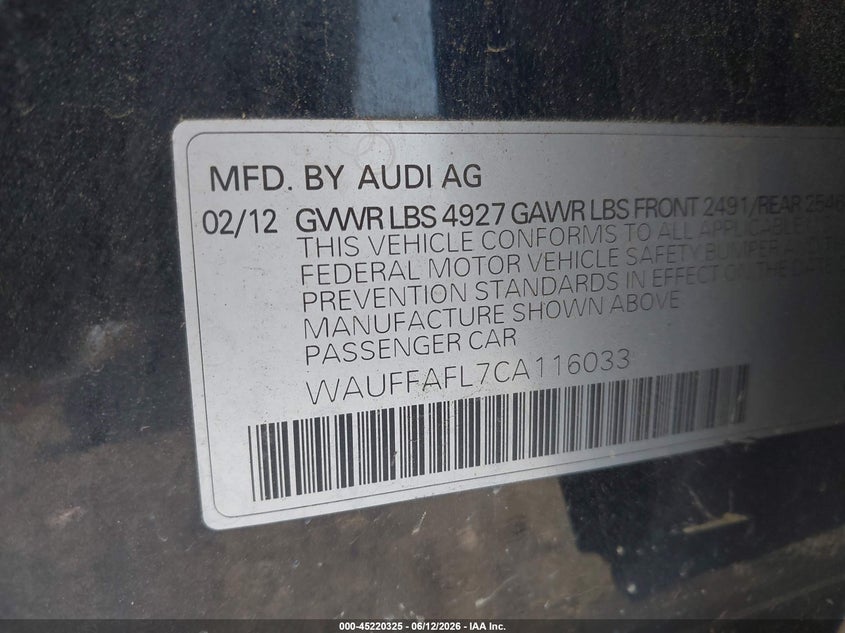 2012 Audi A4 VIN WAUFFAFL7CA116033 IAAI salvage auction — FRONT END, Clear (Virginia), sold $925 on 2026-07-27 (photo 9)