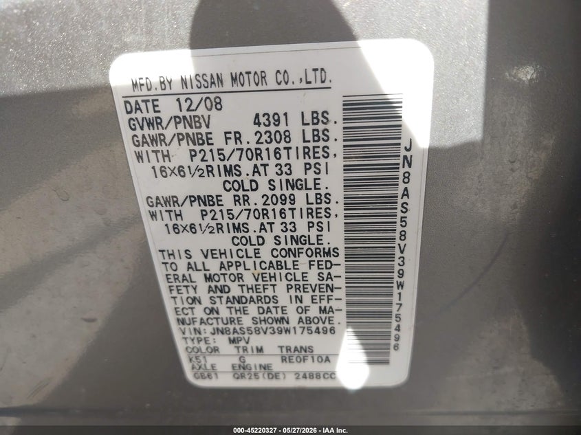 2009 Nissan Rogue VIN JN8AS58V39W175496 IAAI salvage auction — FRONT END, Salvage (Iowa), sold $475 on 2026-07-14 (photo 9)