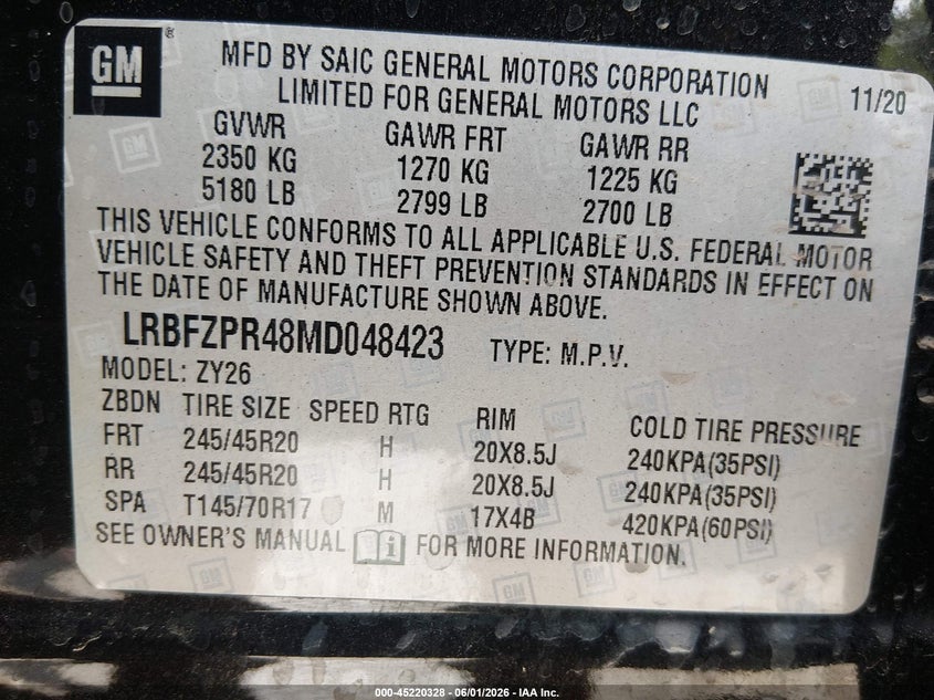 2021 Buick Envision VIN LRBFZPR48MD048423 IAAI salvage auction — HAIL, Salvage (Kansas), sold $8,250 on 2026-07-08 (photo 9)