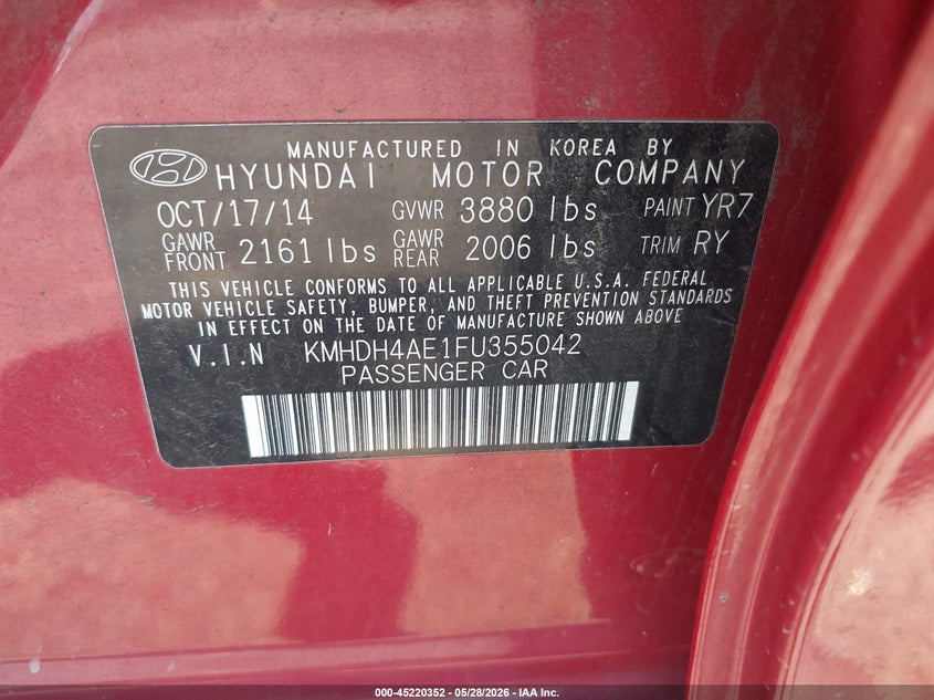 2015 Hyundai Elantra VIN KMHDH4AE1FU355042 IAAI salvage auction — FRONT END, Salvage Title, sold $1,325 on 2026-07-14 (photo 9)