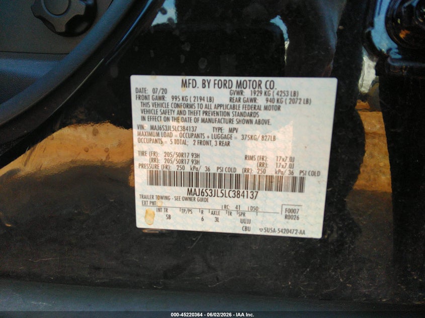 2020 Ford Ecosport VIN MAJ6S3JL5LC384137 IAAI salvage auction — HAIL, Clear (Missouri), sold $4,700 on 2026-07-13 (photo 9)