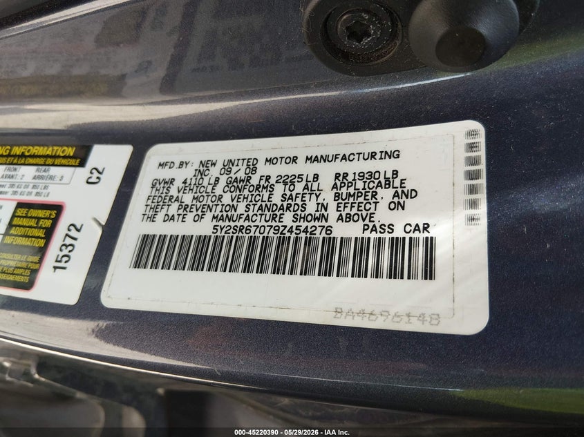 2009 Pontiac Vibe VIN 5Y2SR67079Z454276 IAAI salvage auction — FRONT & REAR, Salvage (Indiana), sold $375 on 2026-07-22 (photo 9)
