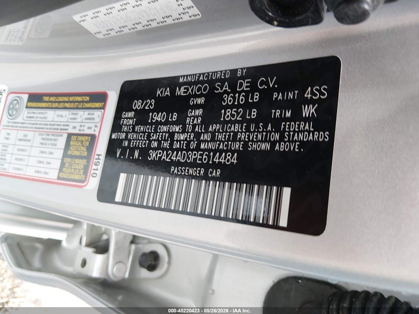 2023 Kia Rio VIN 3KPA24AD3PE614484 IAAI salvage auction — REAR END, Salvage Title, sold $6,025 on 2026-09-08 (photo 9)