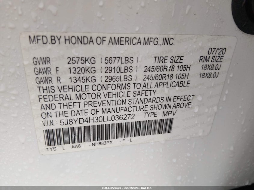 2020 Acura Mdx VIN 5J8YD4H30LL036272 IAAI salvage auction — HAIL, Salvage Title, sold $15,200 on 2026-07-24 (photo 9)