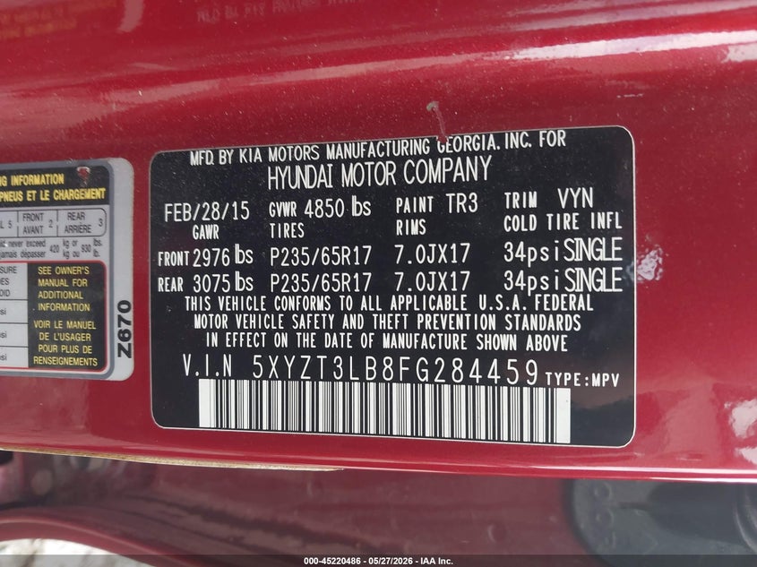 2015 Hyundai Santa fe VIN 5XYZT3LB8FG284459 IAAI salvage auction — UNKNOWN, Salvage Title, sold $2,200 on 2026-07-13 (photo 9)