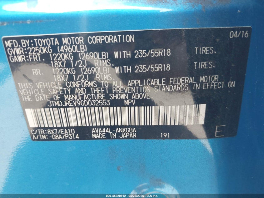 2016 Toyota Rav 4 VIN JTMDJREV9GD032553 IAAI salvage auction — LEFT SIDE, Salvage Title, sold $5,750 on 2026-07-13 (photo 9)