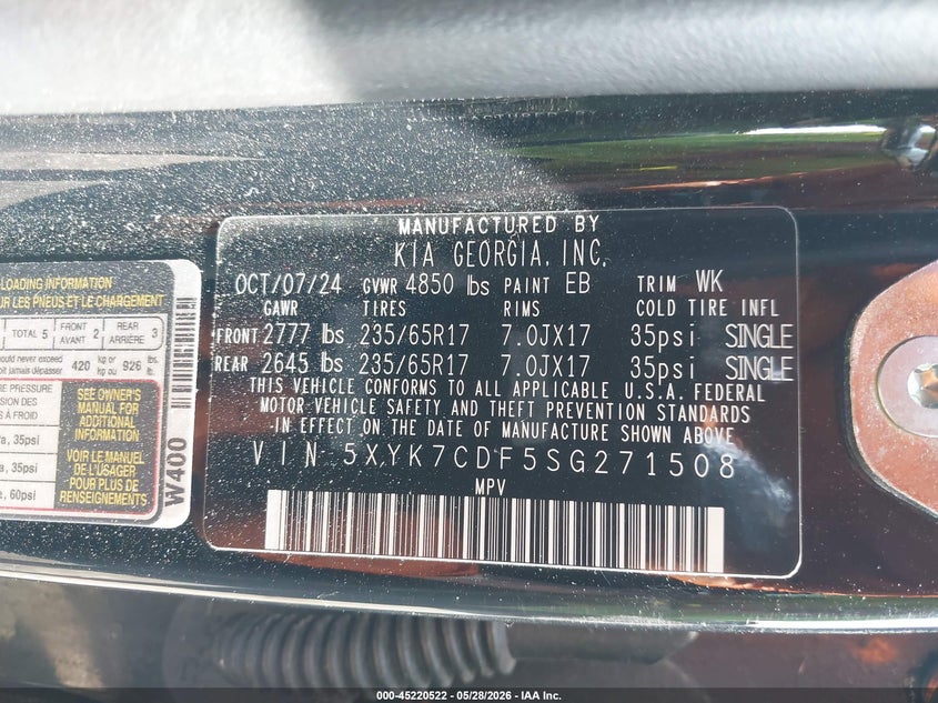 2025 Kia Sportage VIN 5XYK7CDF5SG271508 IAAI salvage auction — LEFT FRONT, Salvage Title, sold $3,800 on 2026-07-29 (photo 9)