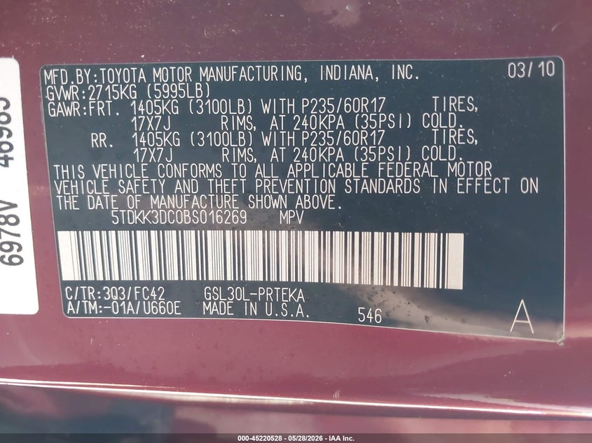 2011 Toyota Sienna VIN 5TDKK3DC0BS016269 IAAI salvage auction — WATER/FLOOD, Salvage (Ohio), sold $1,175 on 2026-07-08 (photo 9)