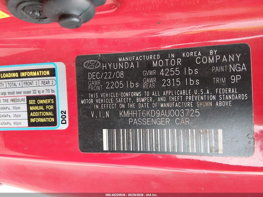 2010 Hyundai Genesis VIN KMHHT6KD9AU003725 IAAI salvage auction — LEFT SIDE, Original (Texas), sold $500 on 2026-07-28 (photo 9)