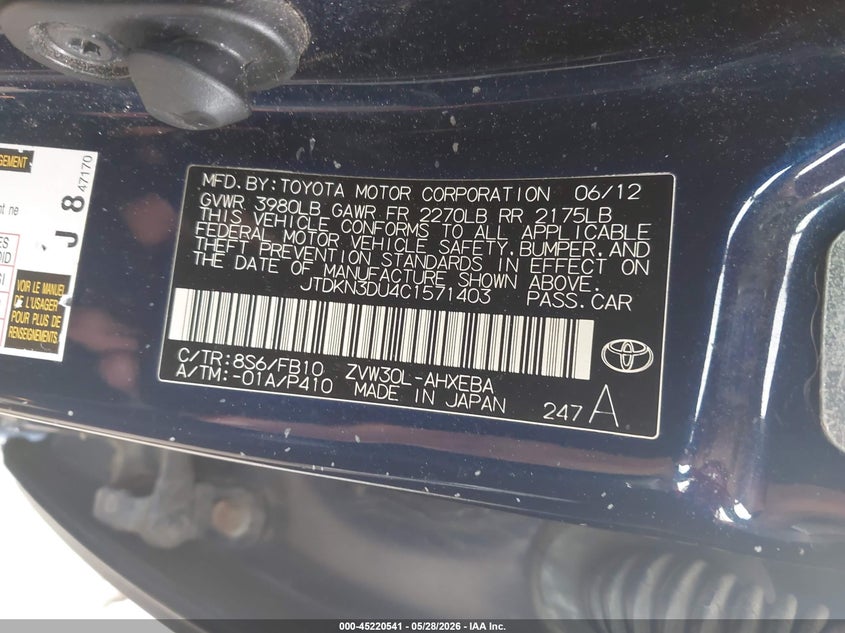 2012 Toyota Prius VIN JTDKN3DU4C1571403 IAAI salvage auction — FRONT END, Salvage Title, sold $850 on 2026-07-17 (photo 9)
