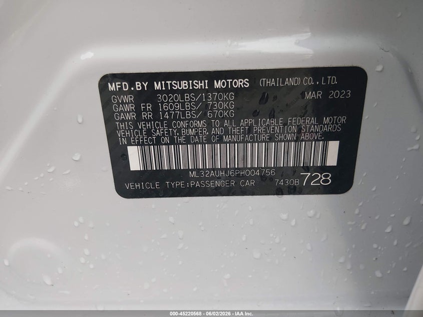 2023 Mitsubishi Mirage VIN ML32AUHJ6PH004756 IAAI salvage auction — FRONT END, Salvage (Arkansas), sold $850 on 2026-07-15 (photo 9)