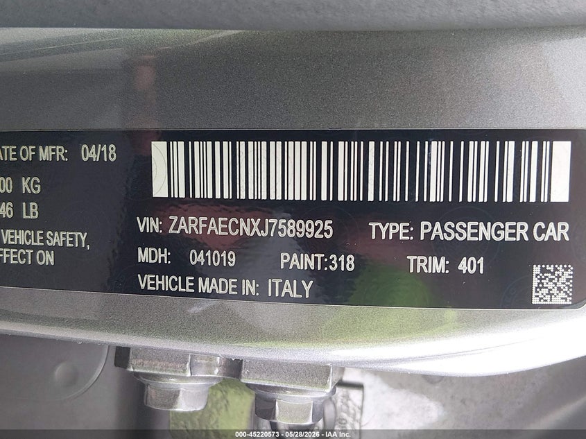 2018 Alfa romeo Giulia VIN ZARFAECNXJ7589925 IAAI salvage auction — FRONT END, Salvage (New Jersey), sold $75 on 2026-07-29 (photo 9)