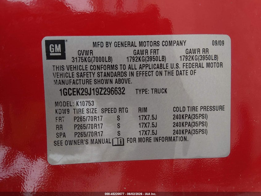 2009 Chevrolet Silverado 1500 VIN 1GCEK29J19Z296632 IAAI salvage auction — REAR END, Salvage (Maine), sold $1,525 on 2026-08-23 (photo 9)