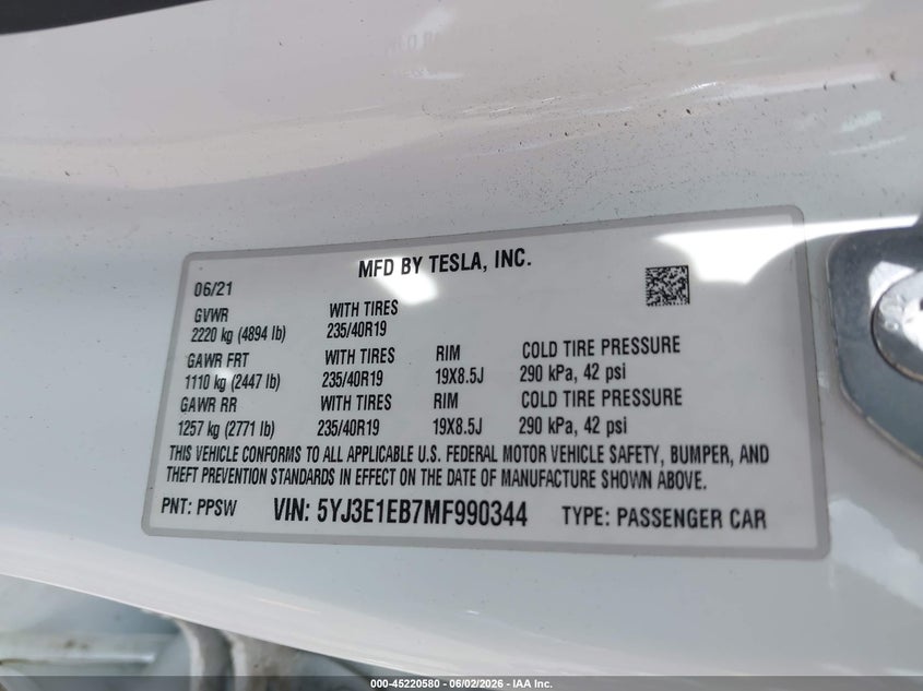 2021 Tesla Model 3 VIN 5YJ3E1EB7MF990344 IAAI salvage auction — RIGHT FRONT, Salvage (Massachusetts), sold $5,400 on 2026-07-30 (photo 9)