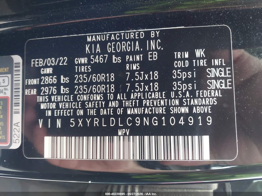 2022 Kia Sorento VIN 5XYRLDLC9NG104919 IAAI salvage auction — FRONT END, Salvage Title, sold $2,700 on 2026-07-23 (photo 9)