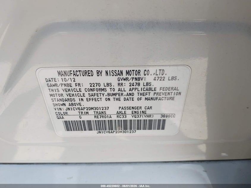 2013 Infiniti G VIN JN1CV6AP2DM301237 IAAI salvage auction — THEFT, Salvage Title, sold $5,400 on 2026-07-15 (photo 9)