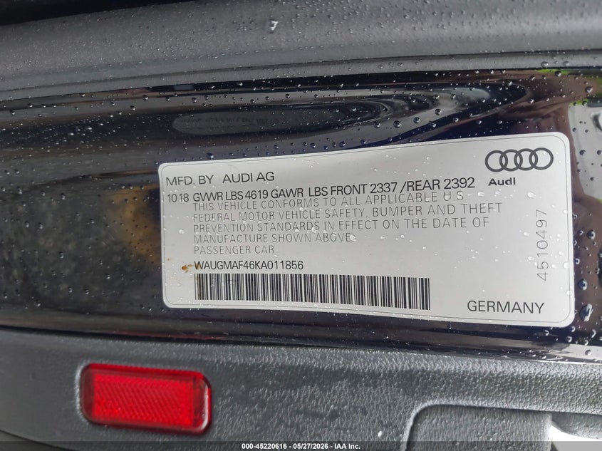 2019 Audi A4 VIN WAUGMAF46KA011856 IAAI salvage auction — ROLLOVER, Salvage Title, sold $1,125 on 2026-07-08 (photo 9)