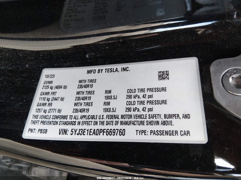 2023 Tesla Model 3 VIN 5YJ3E1EA0PF669760 IAAI salvage auction — REAR END, Salvage Title, sold $8,550 on 2026-07-16 (photo 9)