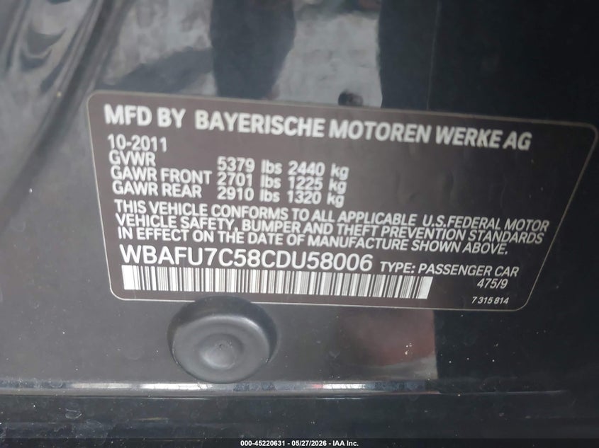 2012 BMW 5er VIN WBAFU7C58CDU58006 IAAI salvage auction — REAR END, Salvage Title, sold $700 on 2026-07-20 (photo 9)