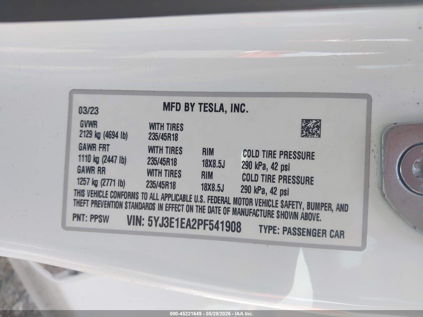 2023 Tesla Model 3 VIN 5YJ3E1EA2PF541908 IAAI salvage auction — SUSPENSION, Salvage Title, sold $6,200 on 2026-07-29 (photo 9)