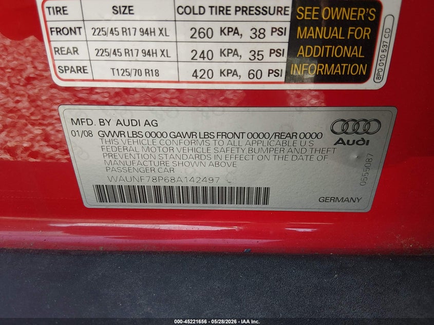 2008 Audi A3 VIN WAUNF78P68A142497 IAAI salvage auction — FRONT END, Bill Of Sale (Washington), sold $275 on 2026-07-08 (photo 9)