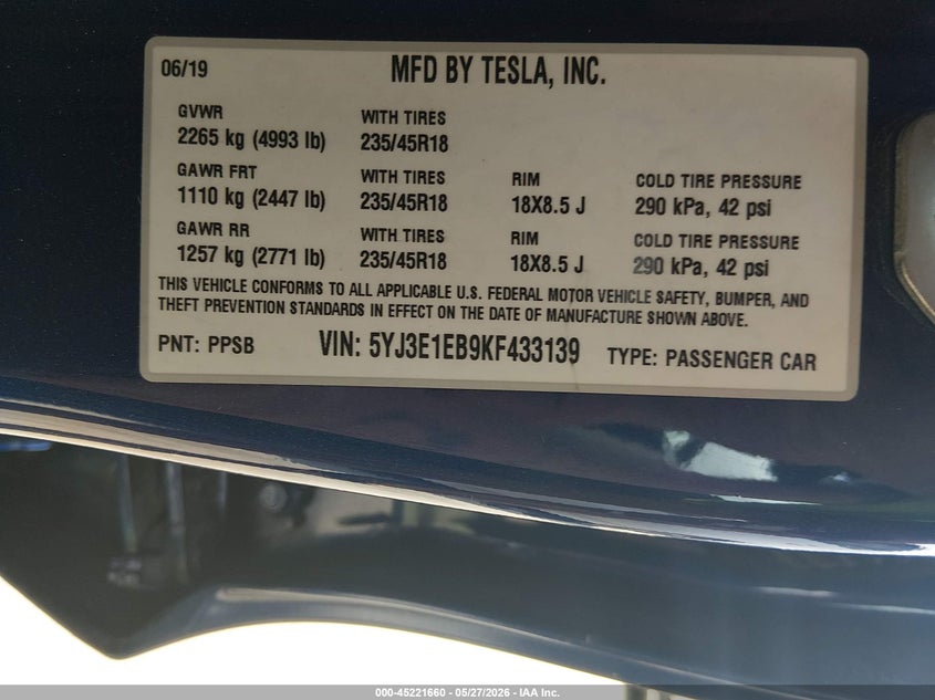 2019 Tesla Model 3 VIN 5YJ3E1EB9KF433139 IAAI salvage auction — FRONT END, Salvage Title, sold $5,550 on 2026-07-16 (photo 9)