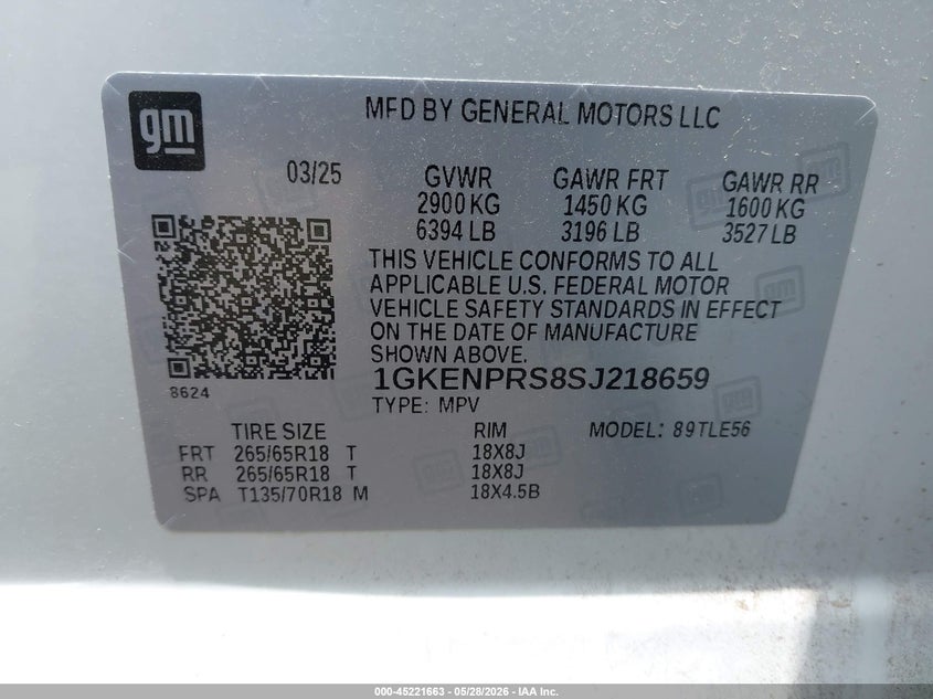 2025 Gmc Acadia VIN 1GKENPRS8SJ218659 IAAI salvage auction — FRONT END, Wait Title, sold $13,100 on 2026-10-10 (photo 9)
