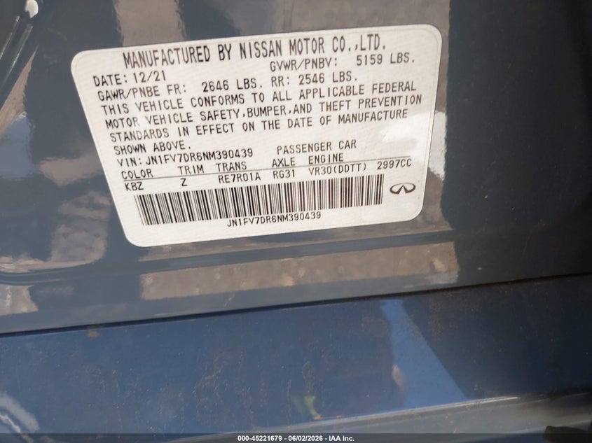 2022 Infiniti Q50 VIN JN1FV7DR6NM390439 IAAI salvage auction — FRONT END, Salvage Title, sold $7,875 on 2026-07-14 (photo 9)