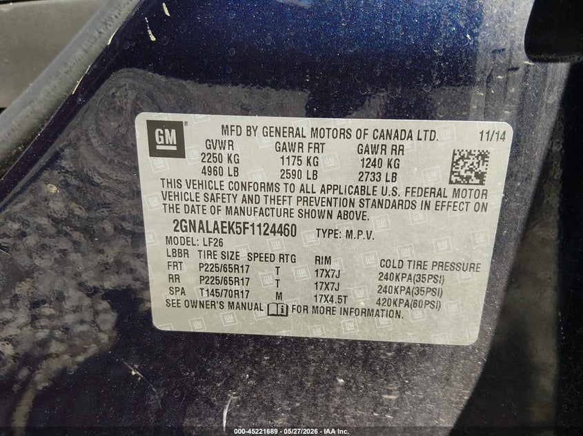 2015 Chevrolet Equinox VIN 2GNALAEK5F1124460 IAAI salvage auction — LEFT SIDE, Salvage Title, sold $525 on 2026-07-22 (photo 9)