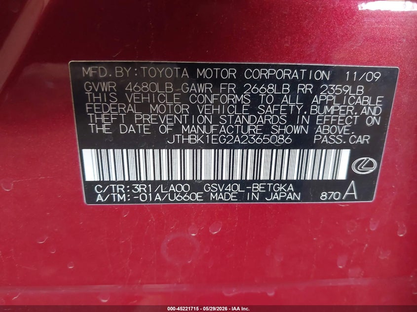 2010 Lexus ES VIN JTHBK1EG2A2365086 IAAI salvage auction — RIGHT FRONT, Salvage (Arizona), sold $1,950 on 2026-07-07 (photo 9)