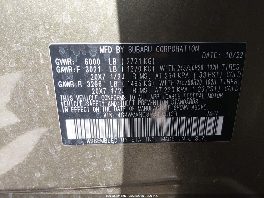 2023 Subaru Ascent VIN 4S4WMAND3P3400333 IAAI salvage auction — LEFT REAR, Salvage Title, sold $7,900 on 2026-07-22 (photo 9)