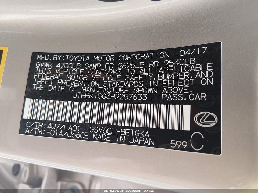 2017 Lexus ES VIN JTHBK1GG3H2257633 IAAI salvage auction — REAR END, Salvage Title, sold $8,500 on 2026-07-28 (photo 9)