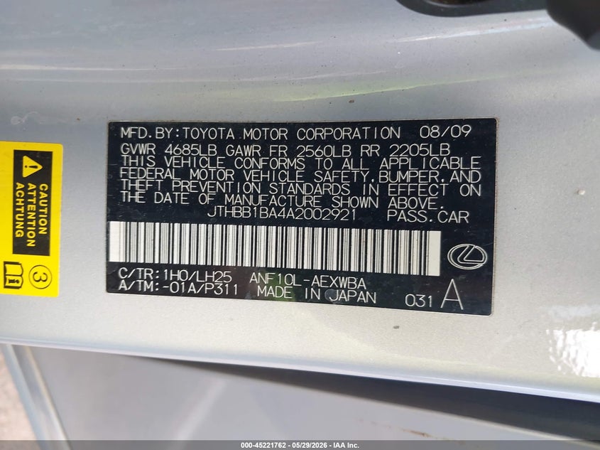 2010 Lexus Hs 250h VIN JTHBB1BA4A2002921 IAAI salvage auction — NORMAL WEAR, Clear (Hawaii), sold $450 on 2026-07-28 (photo 9)
