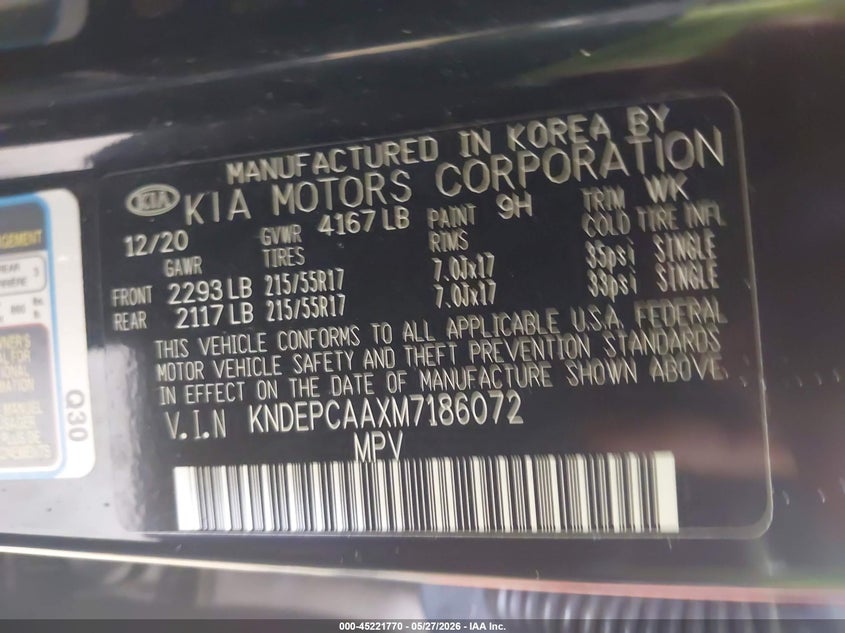 2021 Kia Seltos VIN KNDEPCAAXM7186072 IAAI salvage auction — FRONT & REAR, Salvage Title, sold $4,250 on 2026-07-15 (photo 9)