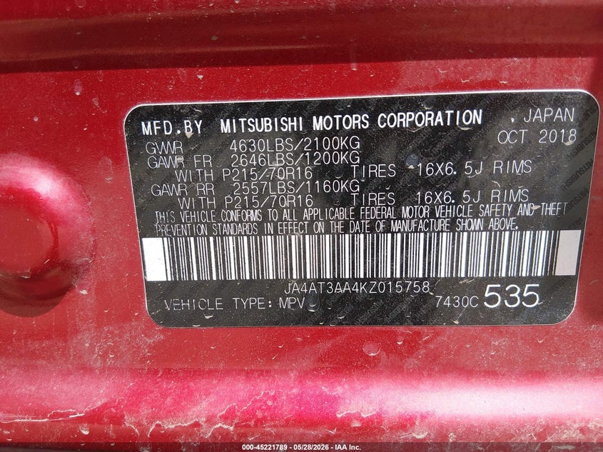 2019 Mitsubishi Eclipse cross VIN JA4AT3AA4KZ015758 IAAI salvage auction — LEFT SIDE, Salvage Title, sold $25 on 2026-08-02 (photo 9)