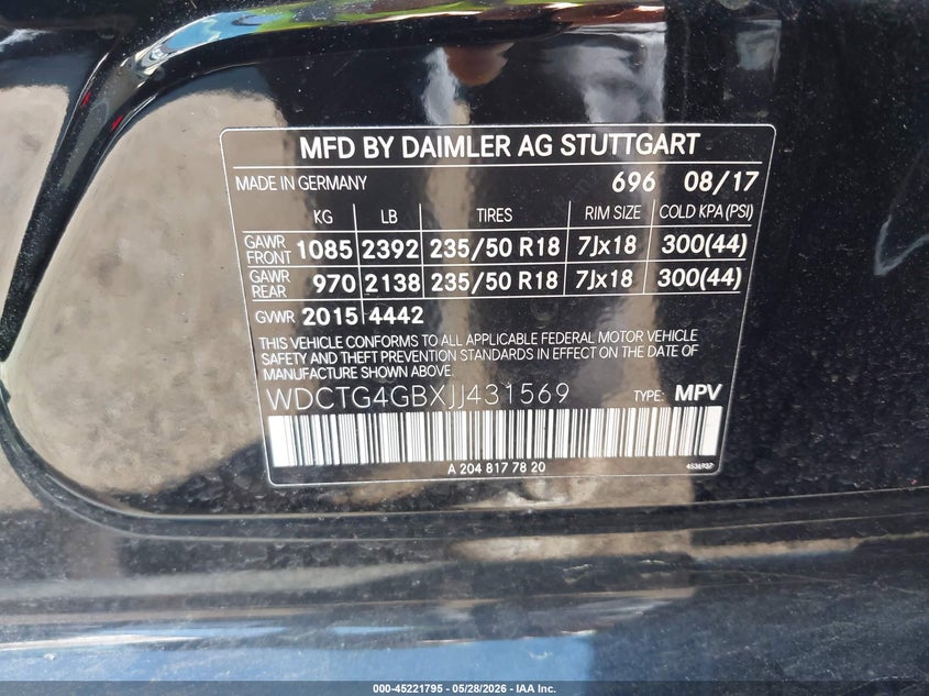 2018 Mercedes-benz Gla-klasse VIN WDCTG4GBXJJ431569 IAAI salvage auction — FRONT END, Salvage Title, sold $2,375 on 2026-07-29 (photo 9)