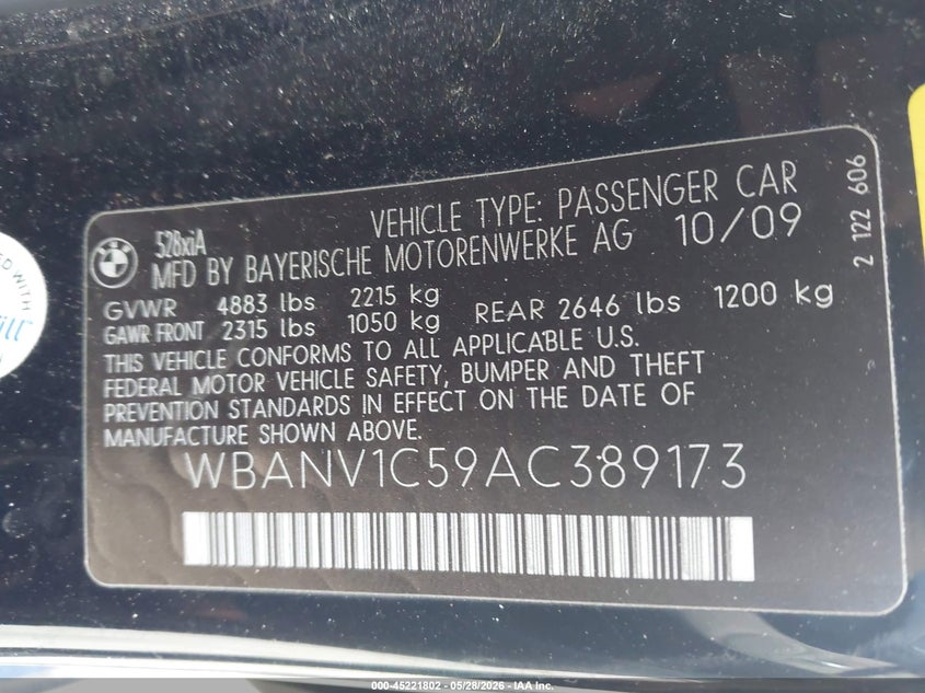 2010 BMW 5er VIN WBANV1C59AC389173 IAAI salvage auction — FRONT END, Salvage (Pennsylvania), sold $25 on 2026-07-16 (photo 9)
