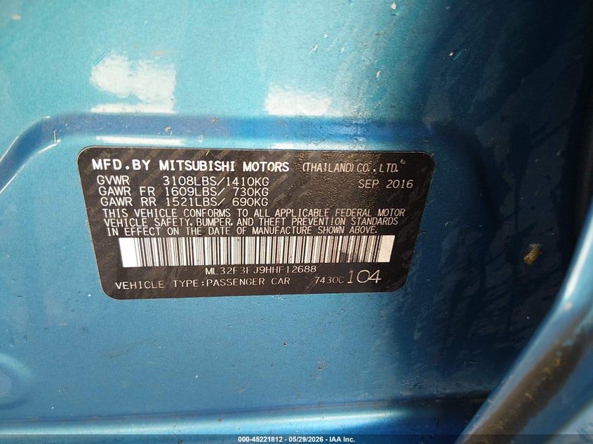2017 Mitsubishi Mirage VIN ML32F3FJ9HHF12688 IAAI salvage auction — LEFT FRONT, Salvage (West Virginia), sold $675 on 2026-07-22 (photo 9)